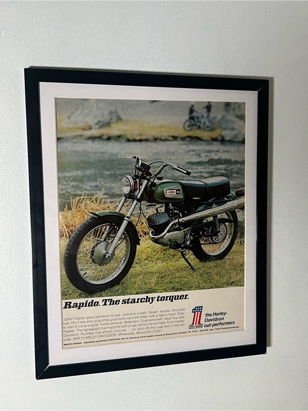 Harley-Davidson Dark Green & Black Vintage Motorcycle Rapido Advertisement